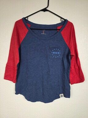 FEED Blue & Red Raglan Sleeve T-Shirt Medium Y2K 90s